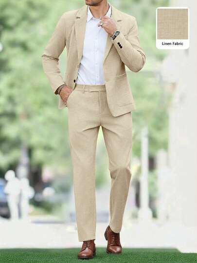 Manfinity Mode Men's Simple Solid Color Business Suit, Includes Top And Pants, Brown Suit, 2 Pieces Set, Men Beige Suit Men Khaki Suit Men Summer Suits Cream Suit Men Men Casual Champagne Outfits Old Money,Daily Leisure, Weekend Trips, Outdoor Activities, Travel Expeditions, Relaxed Work Environments Or Semi-Formal Occasions, Boyfriend/Husband Gift, Anniversary /Birthday Gift Party Summer New Years Wedding Valentine's Day Men Linen Suit