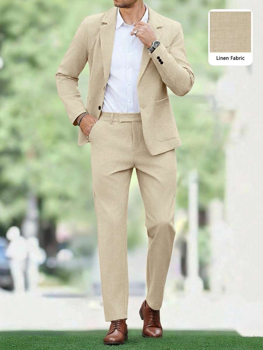 Manfinity Mode 男士簡約純色亞麻商務西裝套裝,2件組含西裝外套與長褲,卡其色夏季休閒優雅婚禮賓客西裝,香檳色老錢風,儀式穿搭 - 卡其色 - 查看 1