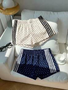 SHEIN EZwear 2条装女士夏季波点撞色腰带短裤，适合运动、度假、毕业季、世界杯比赛日等场合。 - 彩色 - 查看 5