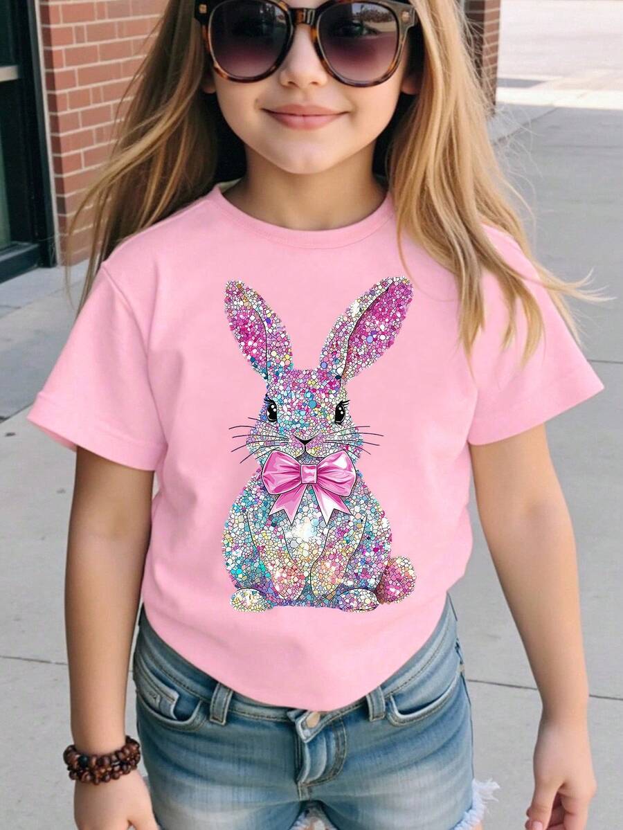 Light Pink Summer Cute Graphic School Girls Basic Short T-Shirt,Kawaii Colorful Glitter Cartoon Rabbit Pink Bow Decor Print Casual Comfortable Top - Pink - View 1