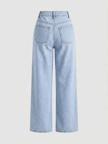 SHEIN Girlism 少女纯色系带直筒宽松休闲日常牛仔裤 - 淺色水洗藍 - 查看 2