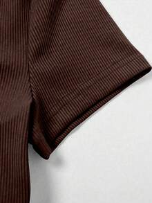 INAWLY 2 piezas Conjunto de top corto de manga corta y pantalones cortos de color contrastante para mujer - Marrón - Ver 5
