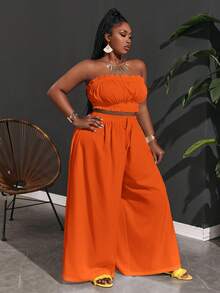 Slaydiva Women's Plus Size Ruffle Trim Cami Top & Paperbag Waist Wide Leg Pants - Orange - View 6