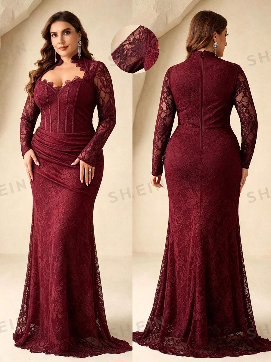 Coutiva Plus Size Lace Collar Long Sleeve Maxi Formal Evening Gown (Heavily Embellished) - Burgundy - View 1