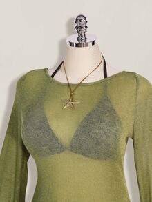 SHEIN ICON 大码女士露背透视度假连衣裙 - 軍綠色 - 查看 7