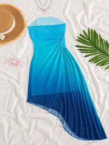 Vestido de niña preadolescente con decoración de estrellas de mar 3D, fruncido y degradado para vacaciones - Azul - Ver 2