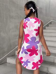 Vestido sin mangas con estampado floral y bajo asimétrico para niña preadolescente - Rosa Fucsia - Ver 4