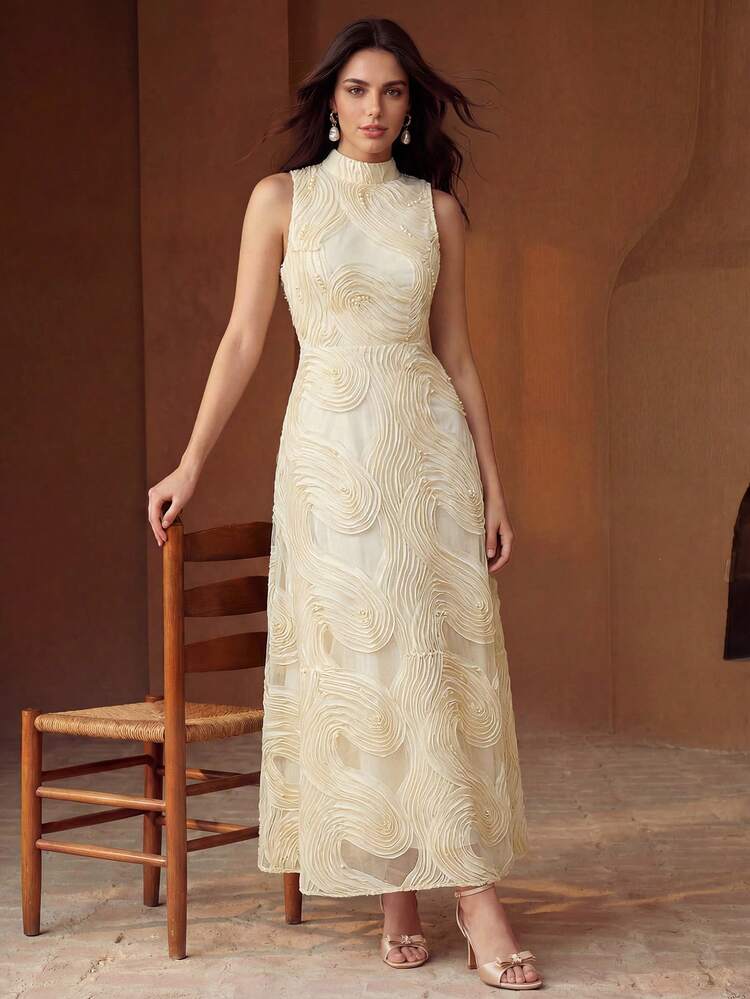 Women's Elegant Pearl Decor Sleeveless A-Line Dress, Apricot Color, Spring/Summer