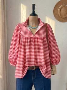 SHEIN RusticEase Plus Size Women Casual Plaid Lantern Sleeve Shirt Zoey Outfit Zipper Top Zoo Outfits Women - Multicolor - View 6