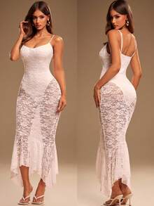 Radiana Vestido longo feminino de renda, cor sólida, alças finas e modelagem justa. - Branco - Ver 7
