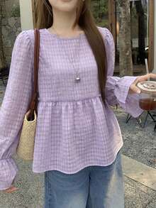 DAZY Women's Pink Round Neck A-Line Flare Sleeve Blouse - Purple - View 4