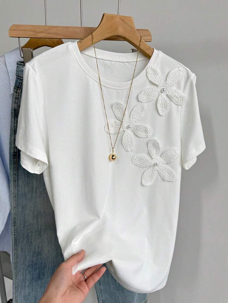 Women's Summer Round Neck 3D Floral Decor Cropped Casual T-Shirt