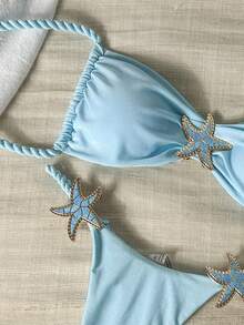 Swim Mod 2件套渐变随机花卉印花绳饰蓝色海星抹胸比基尼泳衣套装，性感女士夏季度假泳装沙滩邮轮旅行两件套泳衣 - 淺藍色 - 查看 3