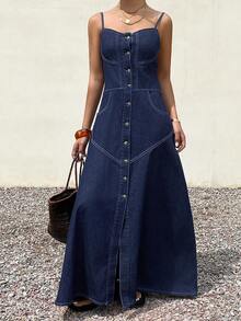 Cotton Spaghetti Strap Washed Casual Waist Cinched Women Denim Dress - Dark Wash - View 6