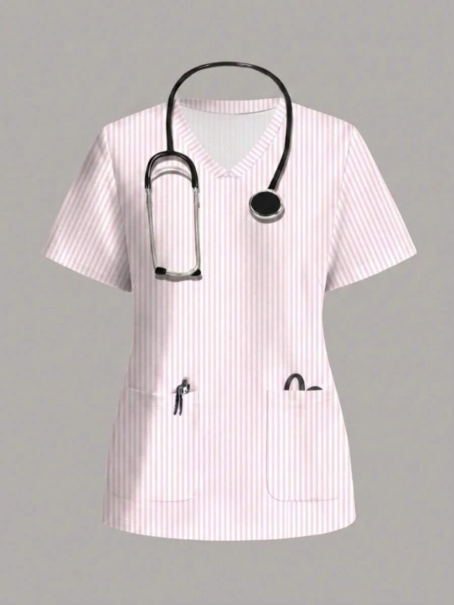 PopScrub 休闲复古优雅通勤百搭暖粉白条纹女式/护士工作服上衣 - 彩色 - 查看 1