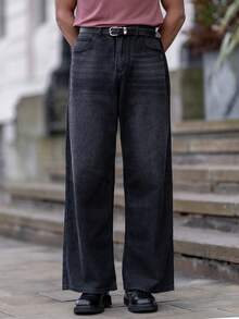 YOUESAWY Jeans casuales de pierna ancha con bolsillos y ajuste holgado para hombres - Gris - Ver 5