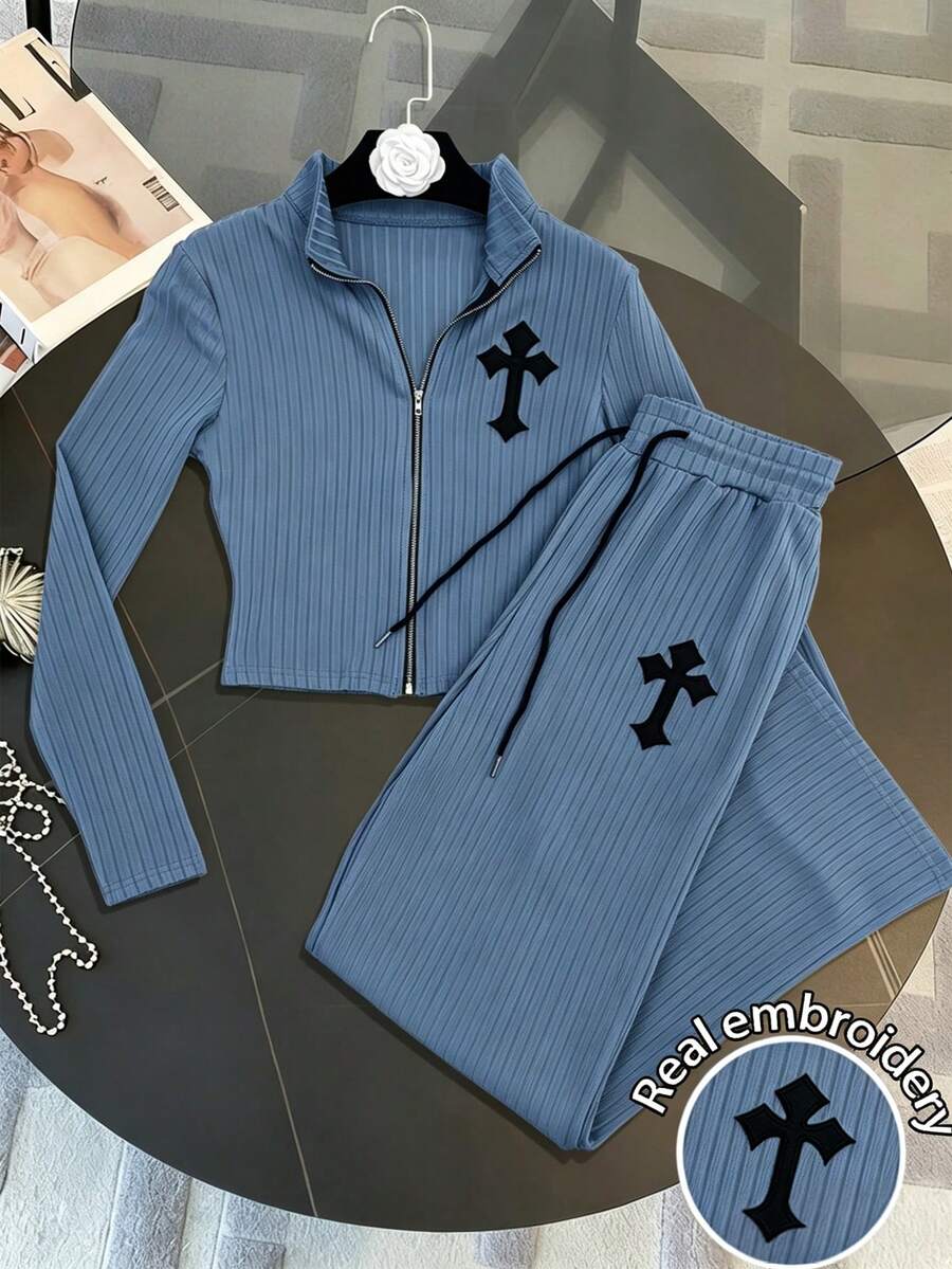 Women's Cross Embroidery Zip Front Cardigan And Drawstring Waist Pants Casual Suit - Blue - View 1