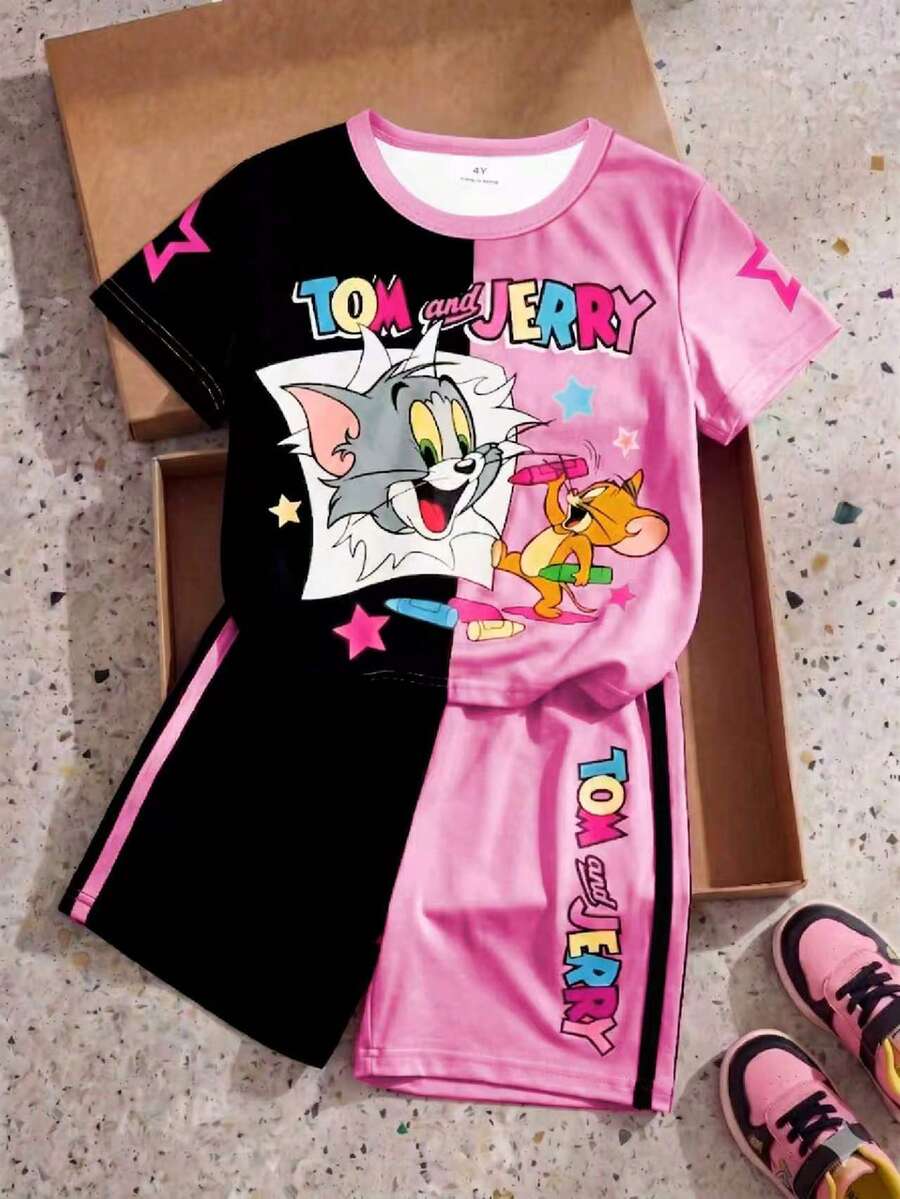TOM & JERRY X SHEIN GraphicGems 2件套女童撞色卡通印花T恤短裤套装,夏季 - 玫紅色 - 查看 1