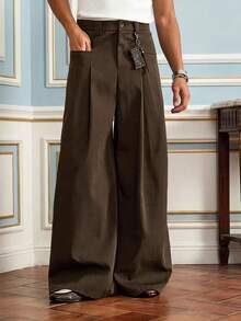 AKNOTIC Men's Woven Fashion Casual Loose Wide-Legged Solid Color Baggy Pants For Everyday, School - Brown - View 2