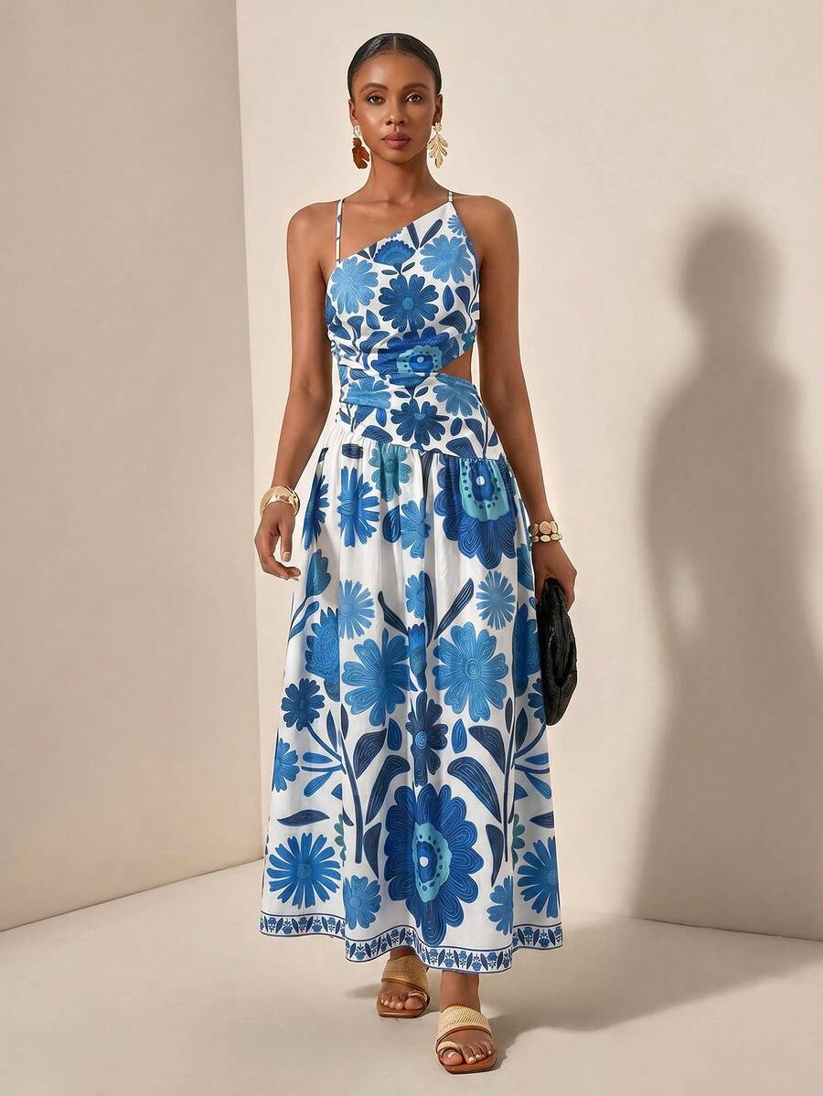 New Spring/Summer Casual Vacation Asymmetric Hollow-Out Backless Criss-Cross Strap Dress
