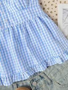 SHEIN Tween Girls Blue Plaid Camisole, Elegant Solid Color Ruffle Trim Camisole, Suitable For Summer, Vacation, Casual, Home, - Blue and White - View 10