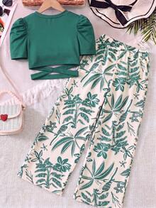 SHEIN 2件套少女碎花度假套装，绿色夏季柔软舒适服装套装，适合夏季穿着 - 綠色 - 查看 2