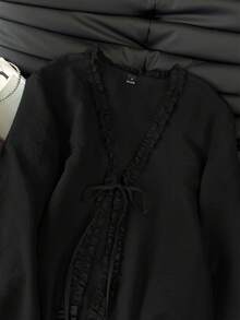 Muvela 女士纯色简约长袖衬衫，休闲日常穿着 - 黑色 - 查看 3