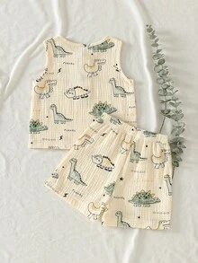 SHEIN Vintaside Kids 2件組 嬰幼兒男童夏季米色可愛卡通恐龍印花無袖背心&短褲套裝 休閒純棉服裝 適合遊戲運動&日常穿著 - 綠色 - 查看 2