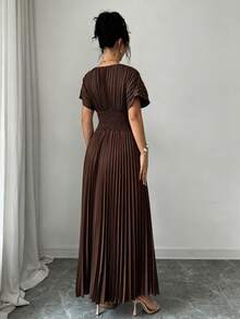 Modelyn Đầm nữ màu nâu, màu trơn với họa tiết ngọc trai giả và thiết kế xếp nếp, đầm chữ A tay ngắn dài đến mắt cá chân thanh lịch, thích hợp cho mùa xuân và mùa hè, phong cách nữ tính. - màu nâu - Xem 2