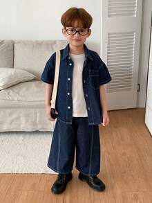 Dazy Kids Áo sơ mi denim tay ngắn cài một hàng khuy và quần denim cho bé trai - Trang phục thường ngày. - Màu xanh lam - Xem 6