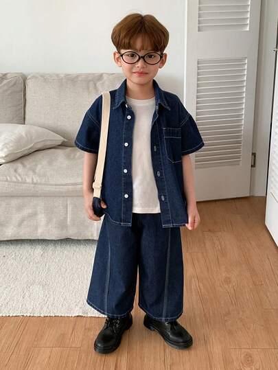 Dazy Kids Áo sơ mi denim tay ngắn cài một hàng khuy và quần denim cho bé trai - Trang phục thường ngày.
