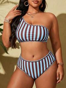 Swim Vcay Bộ bikini lệch vai phối màu kẻ sọc dành cho nữ cỡ lớn, thích hợp cho kỳ nghỉ hè ở bãi biển. - Nhiều màu - Xem 3