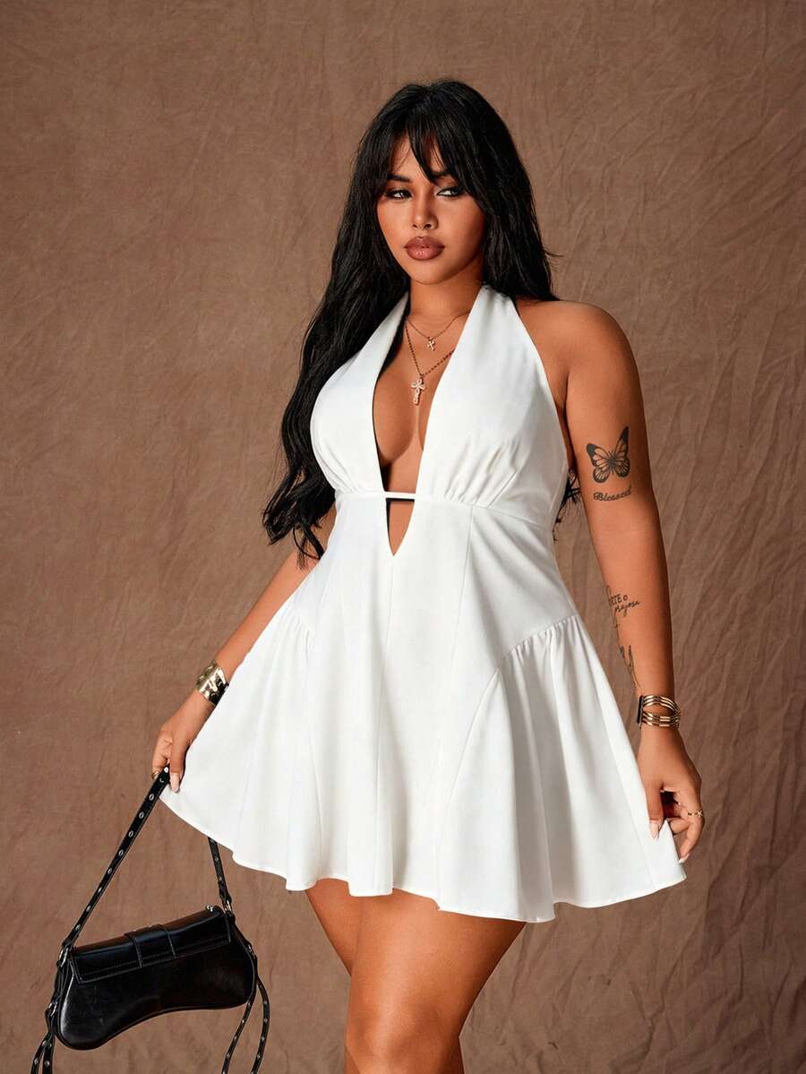 Rustia Plus Size Sexy Chic Deep V-Neck Halter Tie Waist Slim Fit Dress - White - View 1