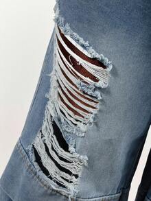 Mistrie 女士休闲破洞口袋阔腿牛仔裤，日常百搭 - 藍色 - 查看 3