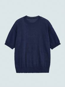 Modcrash Casual Loose Solid Color Crew Neck Short Sleeve T-Shirt, Street Style, Spring/Summer - Blue - View 3