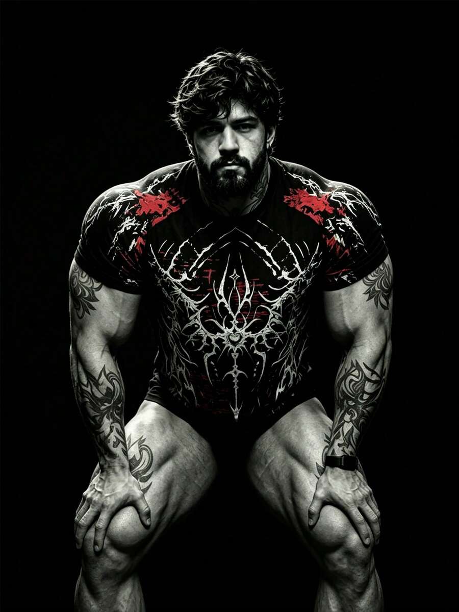 GymBeat 男士印花插肩短袖压缩运动T恤，夏季款 - 黑色 - 查看 1