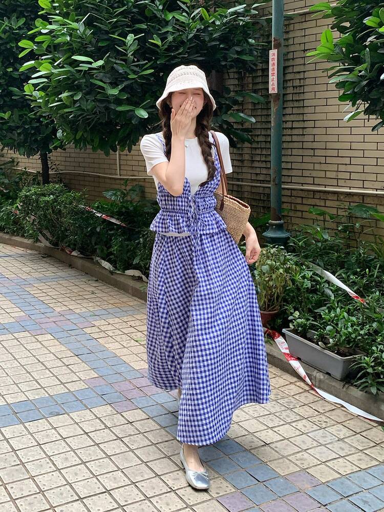 Women's Plaid Camisole Shirt & A-Line Skirt Two Pieces Set, Korean Style Fresh Holiday Outfit