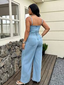 Dazy Plus Bộ jumpsuit denim không dây vai, có dây thắt eo, kiểu dáng thoải mái cho kỳ nghỉ, dành cho nữ cỡ lớn, mùa xuân/hè. - Rửa nhẹ - Xem 5