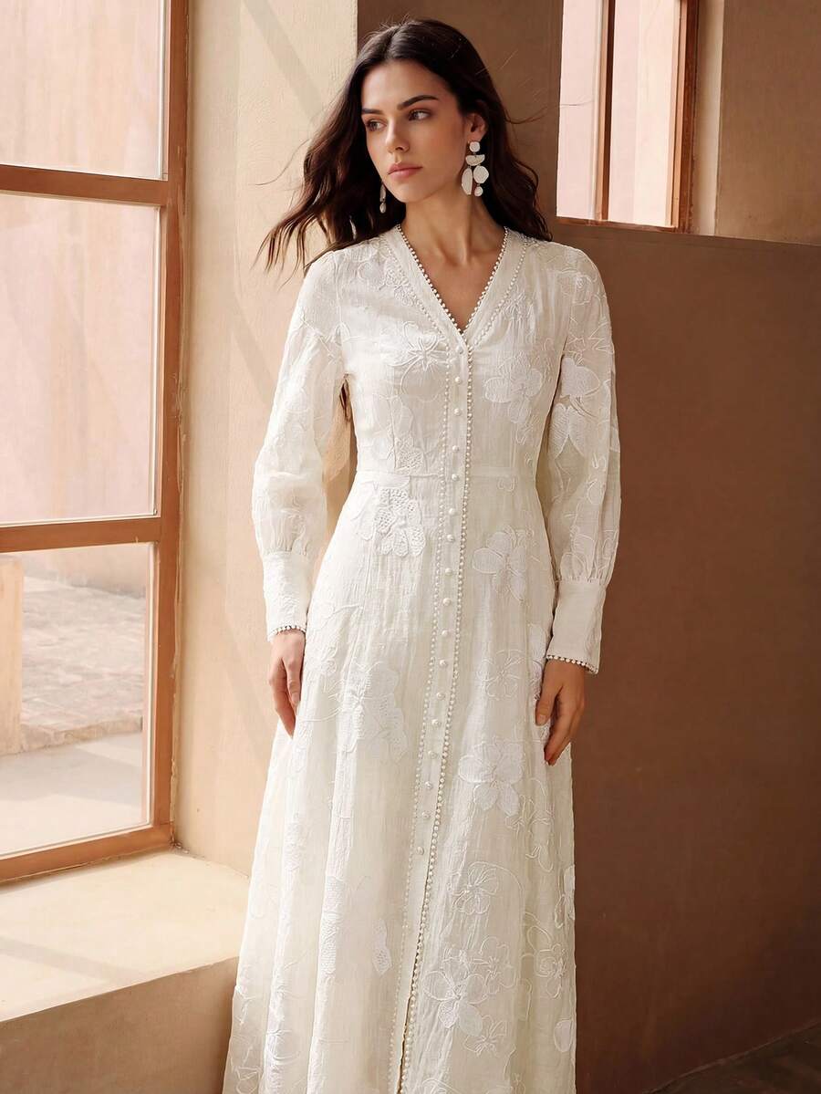 Anewsta Women's Elegant Romantic Heavy Lace Embroidered Trim V-Neck Fashionable Long Dress, Suitable For Formal, Fashionable, Going Out, Party - Apricot - View 1