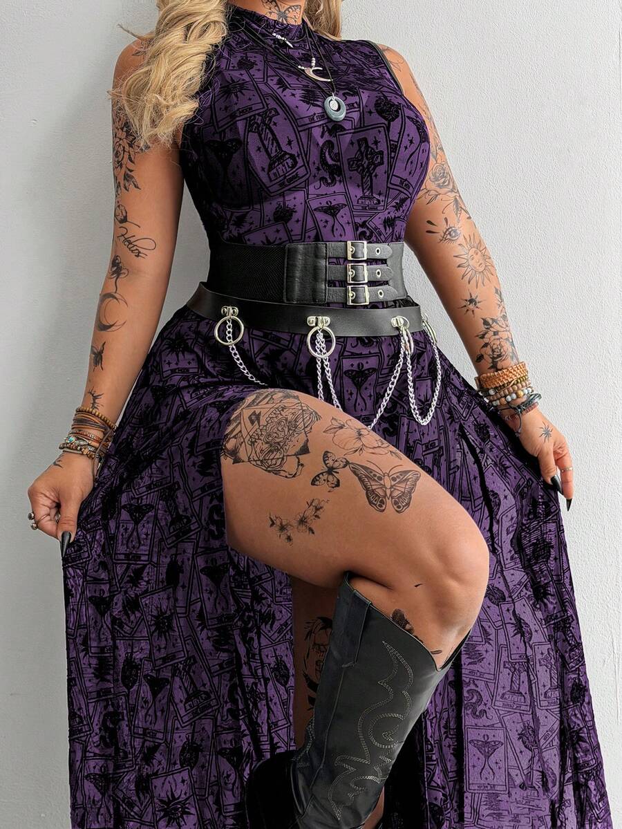 Flirla Dark Asymmetrical Pattern Dress With High Slit And Sheer Details - Purple - View 1