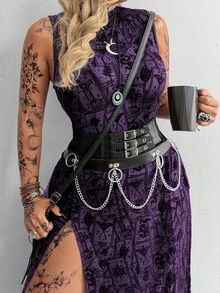 Flirla Dark Asymmetrical Pattern Dress With High Slit And Sheer Details - Purple - View 4
