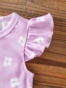 SHEIN 4件套女婴草莓印花条纹纯色荷叶边袖上衣+短裤休闲套装，春夏款 - 粉色 - 查看 5