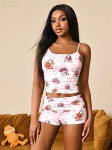 GARFIELD | SHEIN Conjunto de pijama de camiseta de tirantes y pantalones cortos con estampado de dibujos animados para mujer - Blanco - Ver 5