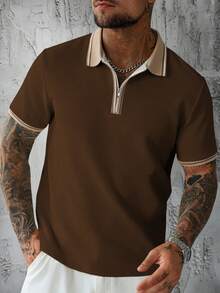 Manfinity CasualCool Áo polo nam tay ngắn có khóa kéo, kiểu dáng thời trang thường ngày. - màu nâu - Xem 3