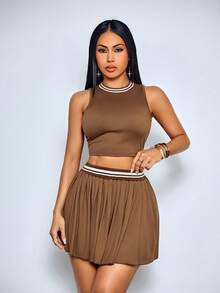 SOLERSUN Sexy And Elegant Women's Casual American College Style Two Pieces Set: Vest And Skirt Set For Spring And Summer. Brown Skirt And Top Co Ord Outfits For Women 2 Piece Outfits 2 Piece Set Brown Two Piece Set Skirt Brown Two Piece Outfit - Coffee Brown - View 8