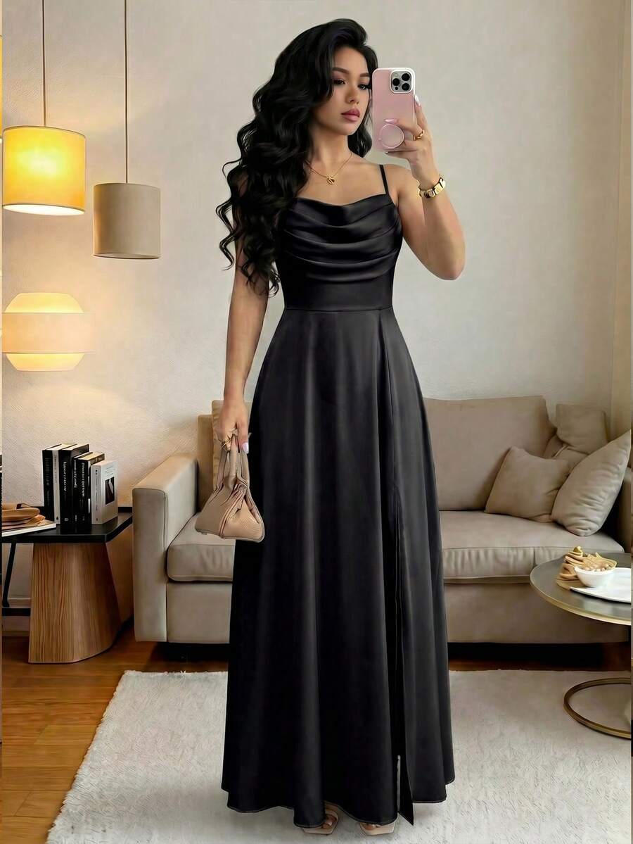 Elenzga Women's Elegant Romantic Party/Wedding Guest/Bridesmaid Lightweight Dress, Spaghetti Strap Sweetheart Neckline, Waist Cinched, Flowy Skirt, High Slit - Black - View 1