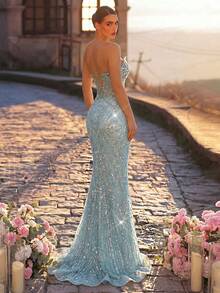 Glamrae Đầm dạ hội cúp ngực gợi cảm, sang trọng, đính sequin và hạt cườm, chất liệu vải lưới, thích hợp cho đám cưới, tiệc tùng, lễ hội, dạ tiệc và các dịp trang trọng (được trang trí cầu kỳ). - Màu xanh bụi bặm - Xem 2