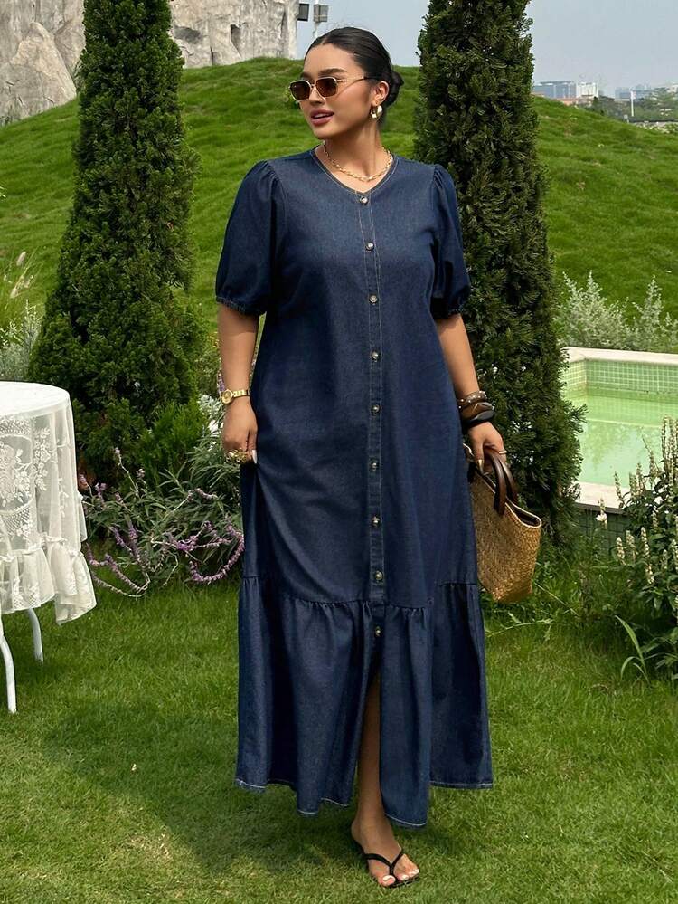 Dazy Plus Plus Size Women's Washed Dark Blue Casual Maxi Dress, Elegant Short Sleeve Western Cowgirl Style Long Denim Dress, Spring/Summer