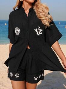 Swim Chiccia 女士沙滩度假休闲短袖纽扣衬衫 - 黑與白 - 查看 5