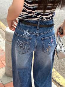 DAZY Women's Pocket Button Five-Pointed Star Embroidery Pattern Casual Street Wear Y2k Versatile Daily Wear School Wide-Leg Jeans Aqua Blue Summer - Medium Wash - View 2